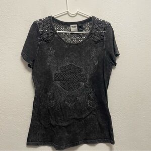 Harley Davidson Distressed Black Short Sleeve Blouse Crochet Biker Size M